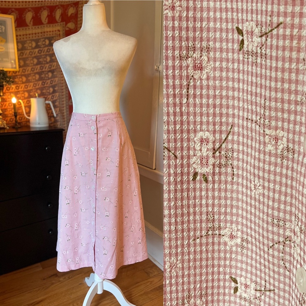 Vintage 80s Pink gingham Floral a line picnic Skirt